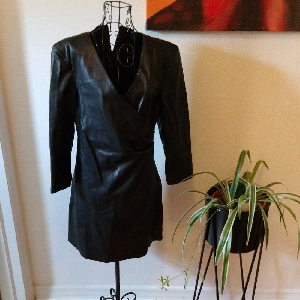 Black Faux Leather  dress,  Wrap Style Fitted Dress/Top.